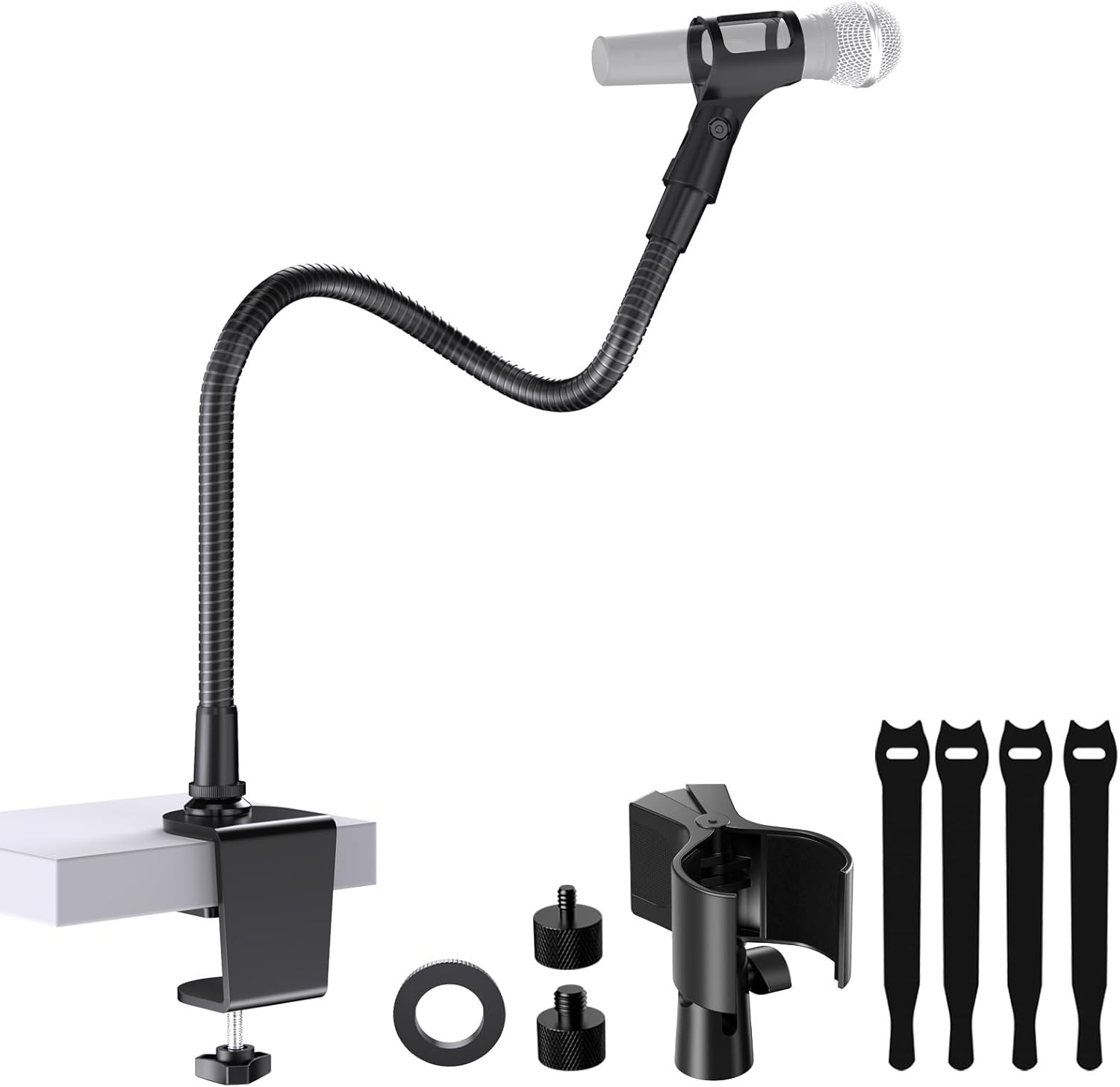 19″ Gooseneck Microphone Stand【Heavy Duty】with Desktop Clamp, Flexible Gooseneck Arm, and Dual Mic Holders. Includes 1/4″ & 3/8″ Adapters. Ideal for Podium, Church, Lecture, and Recording Studio