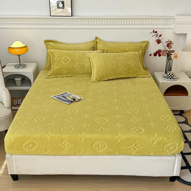 Parure de lit flanelle chaude et antidérapante jacquard vert uni