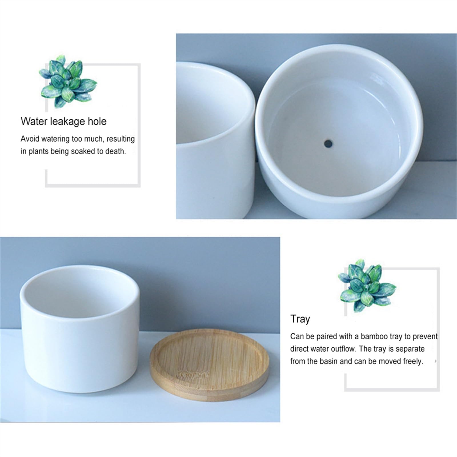 Doniczki Doniczki Ceramiczne Czysta biel z drewnianą tacą Doniczki Sukulenty Kwiaty Uprawa roślin zielonych Sadzarki Dekoracja domu Doniczka ceramiczna