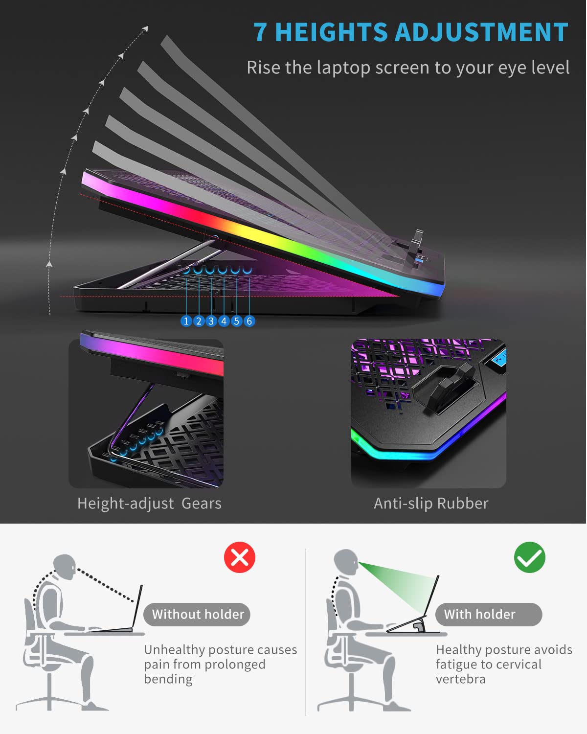 Almohadilla de refrigeración para laptop, KeiBn RGB para portátiles de 15.6 a 17.3 pulgadas, con 10 modos de luz, 6 ventiladores, 7 soportes de altura, 2 puertos USB, uso de escritorio o regazo