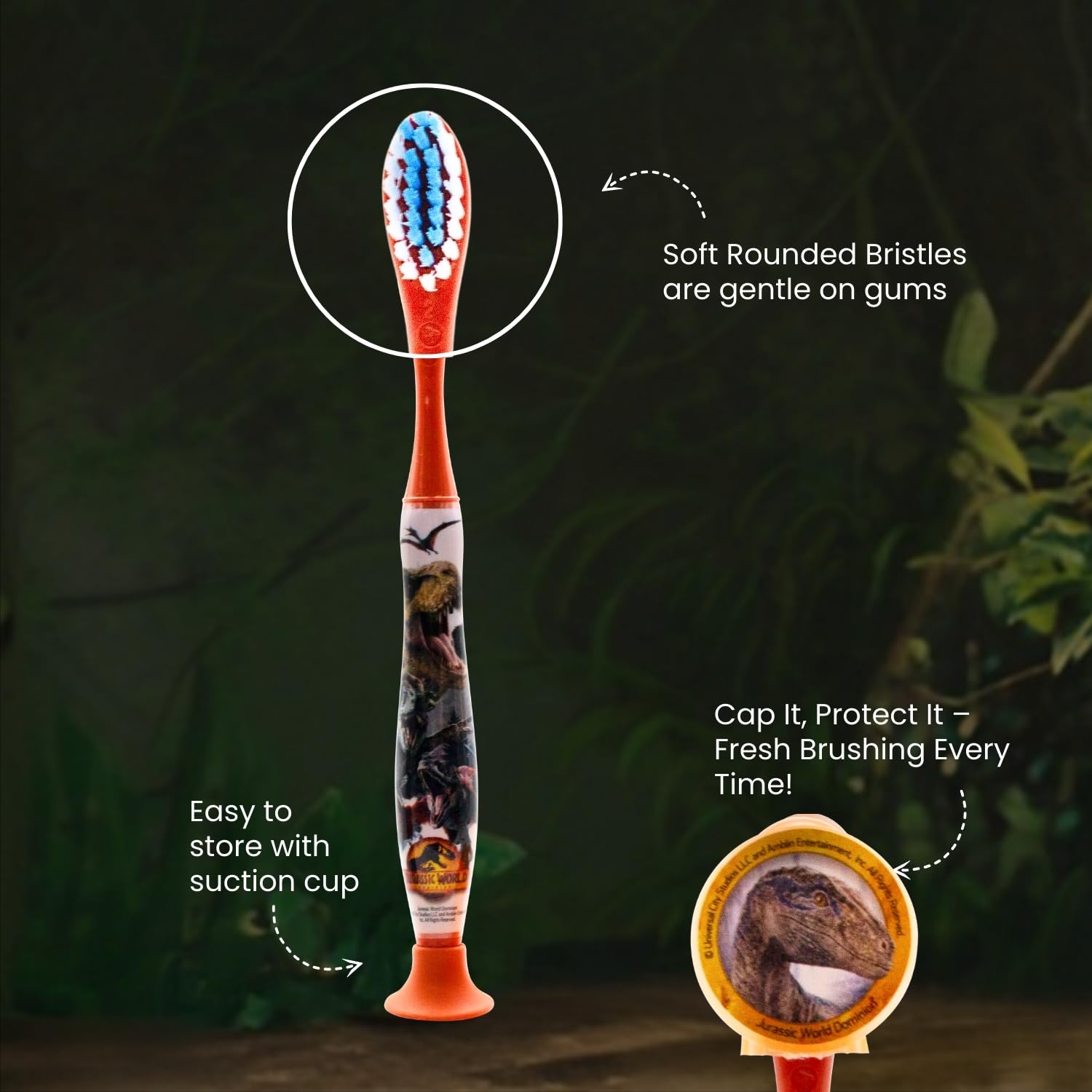 Jurassic World - Kit da viaggio per l'igiene orale, contiene dentifricio al gusto di fragola e spazzolino da denti con tappo di protezione, ventosa, manico comodo e setole morbide per bambini