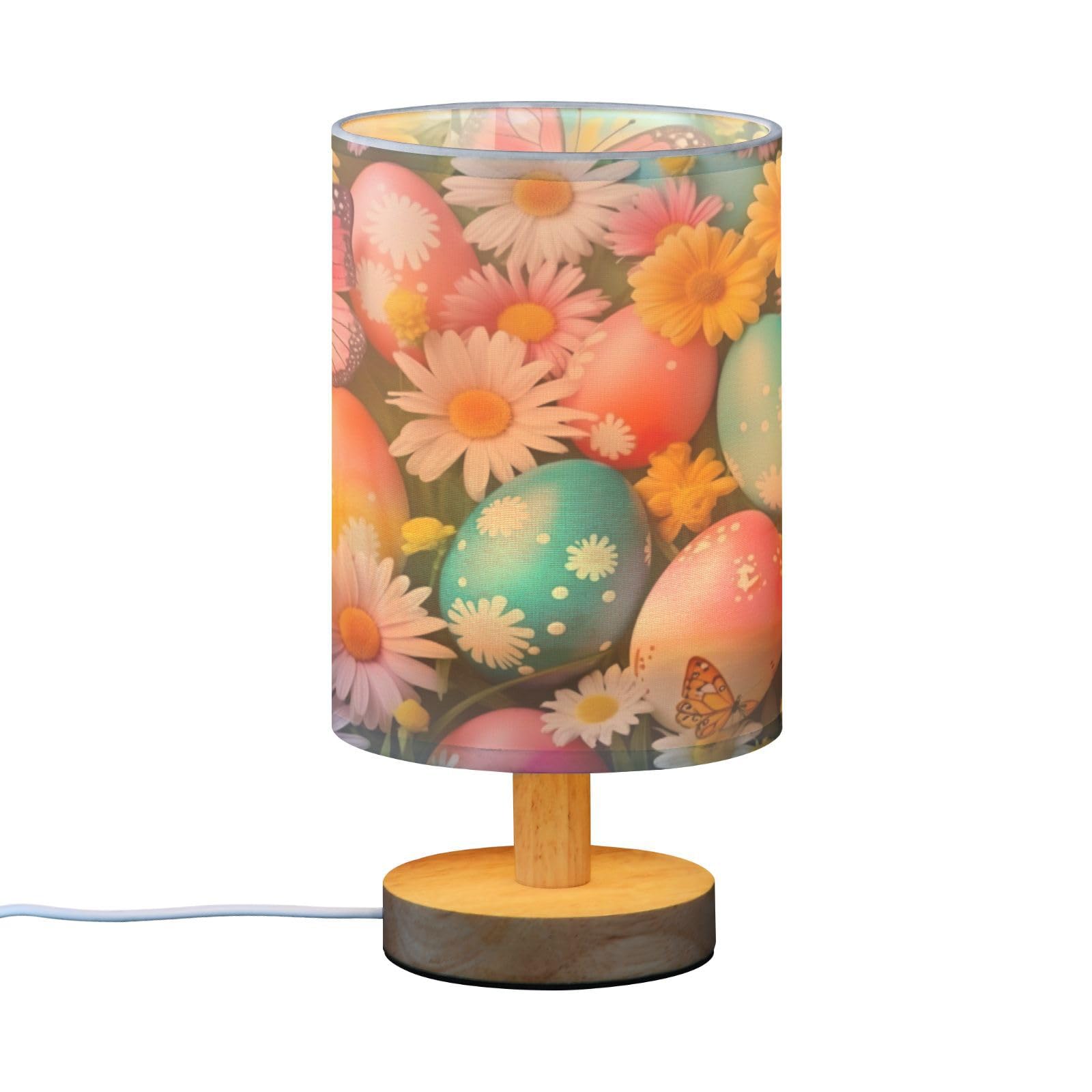 SDMKA Easter Pattern Bedside Table Lamp for Bedroom, Minimalist Nightstand Lamp with Round Fabric Shade for Living Room, Office, No Bulb Required