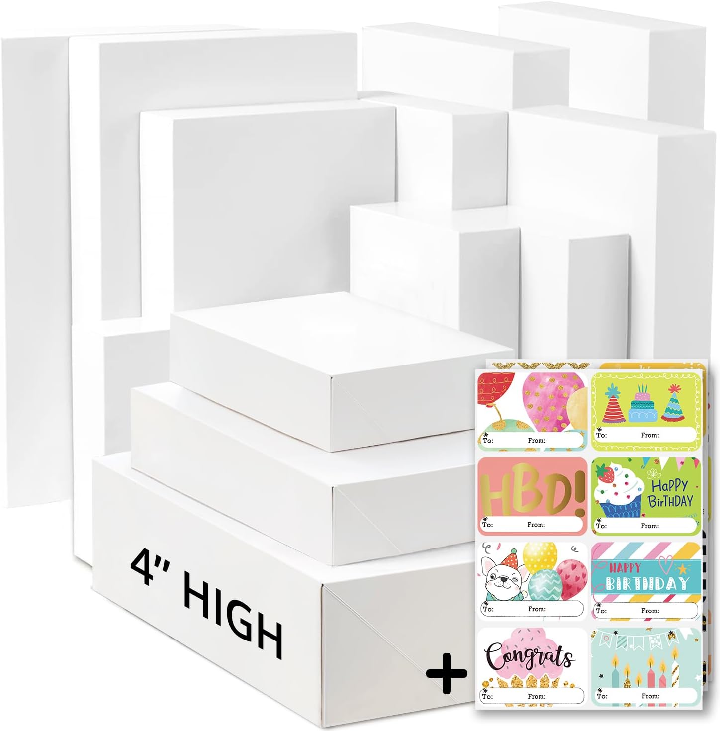 12 White Gift Wrap Boxes with Lids for wrapping Large Clothes (Assorted Sizes for Robes, Blankets & Shirts)and 80 Different Occasion Tag Stickers -Perfect for Mother’s,Father’s Day,Birthdays, Baby Showers, Weddings