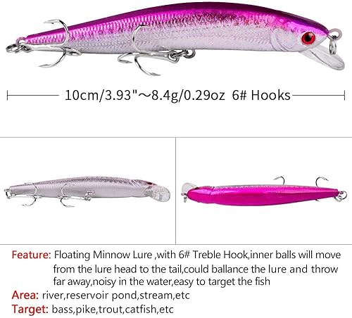 Miniatura 6 de OriGlam 10 señuelos de pesca – Cebo de natación realista, señuelo duro Minnow para trucha, cebos duros para agua salada y agua dulce