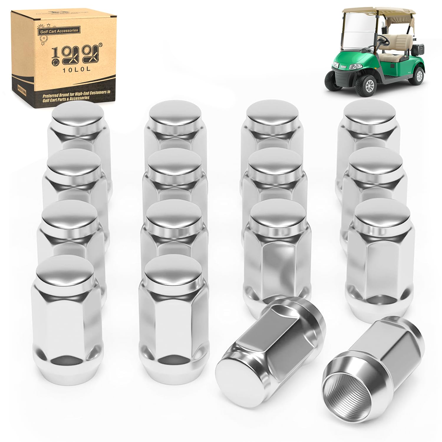 10L0L 1/2-20 Golf Cart Wheel Lug Nuts Kit for EZGO & Club Car, Replace OEM 14723-G1, 1701160, 1010984, 1011390, 800573, Chrome Set of 16