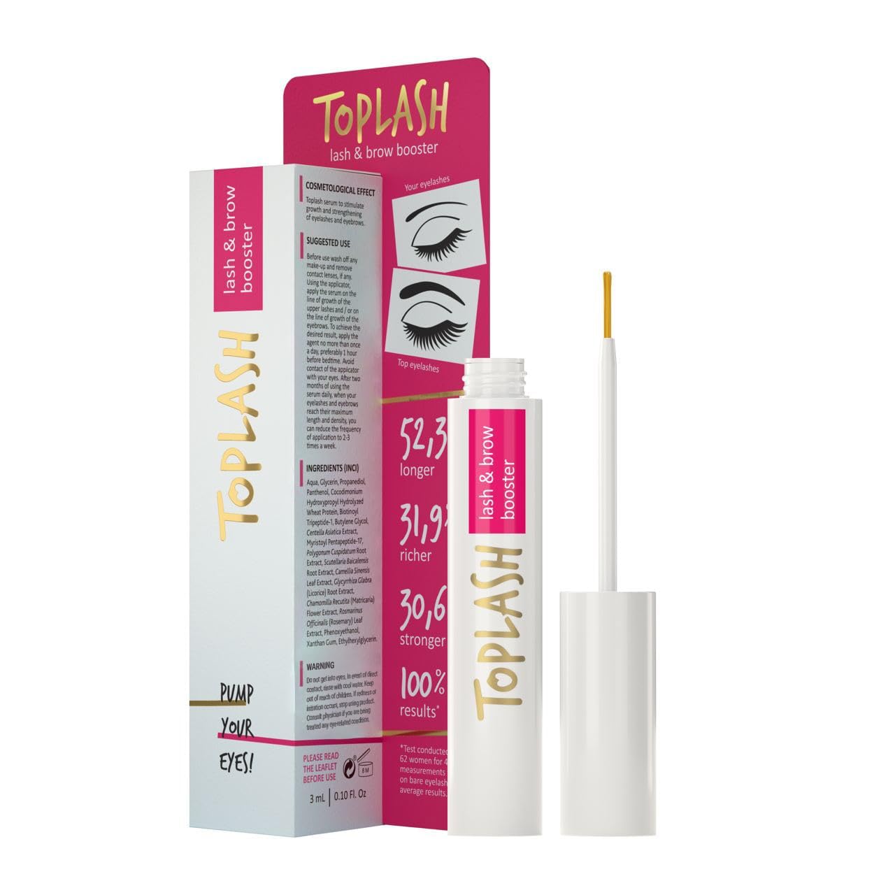TOPLASH Eyelash Growth Serum - Suero innovador para el crecimiento de pestañas y cejas - Natural, sin crueldad e hipoalergénico - 0.10 fl.oz.