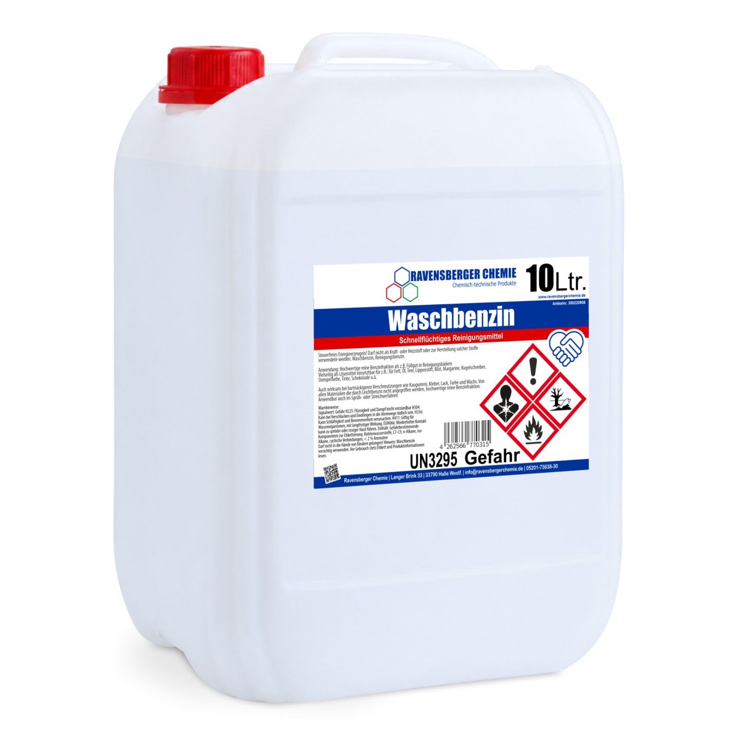 Waschbenzin Spezialreiniger – Kanister, hochwirksam für Fett, Öl, Teer, Kleber, Farbe, Tinte, Wachs, Kaugummi, für Kunststoffoberflächen, verdünnbar mit Wasser (10 Liter)