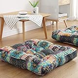 Boho Square Floor Seat Pillows Cushions 22' x 22', Soft Cotton Linen Bohemian Yoga Mandala Meditation Pouf Tatami Floor Pillow Cushion for Living Room Adults & Kids Casual Reading Nooks,Flowers Green