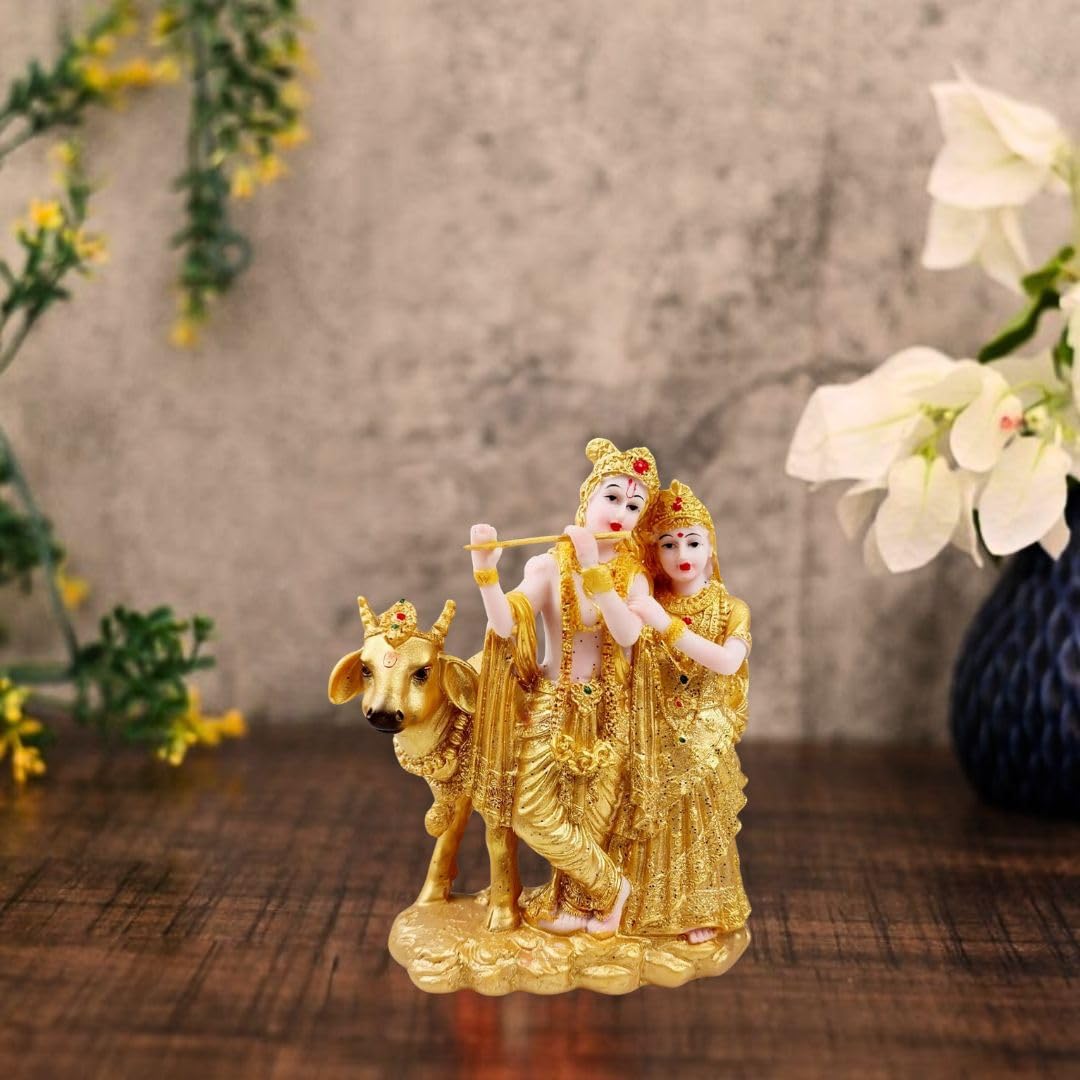 SATYAM KRAFT 1 Pcs Shree Radha Krishna Idol-Gold Murti Statue Decor,Office,car Dashboard, Mandir, Table Showpiece, | Gift for Him/Her, Mother's Day, Wedding & Gift, Decorative Figurines (Small,16 cm)
