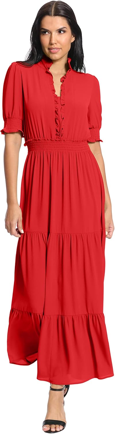 London Times Womens Smocked Puff SLV Ruffle Nk Tiered Midi Dress