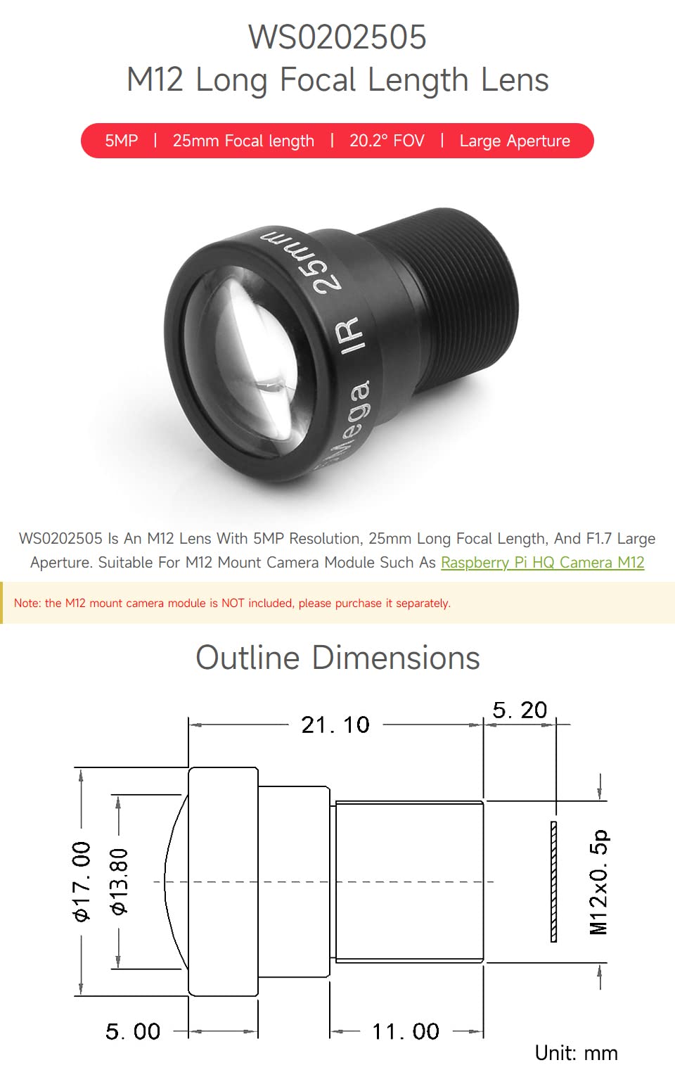 Waveshare M12 Long Focal Length Lens,5MP,25mm Focal Length,Large Aperture,Compatible with Raspberry Pi Camera M12