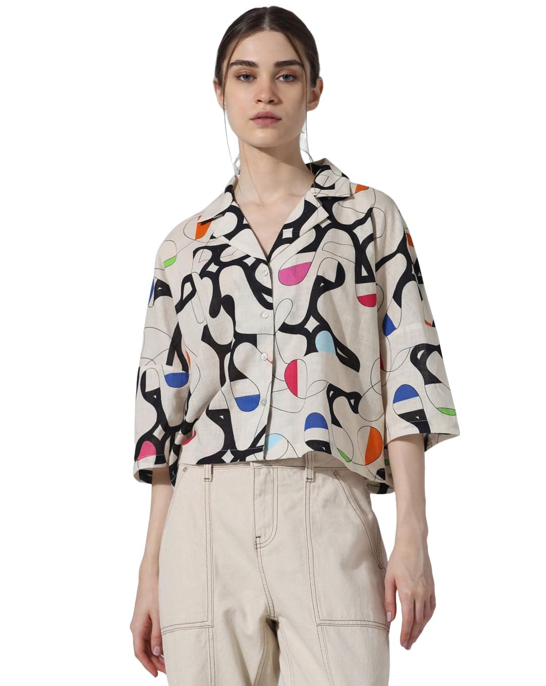 misily Women's Cotton Crop Printed Button-Down Shirt, Oversized Fit-picture-29