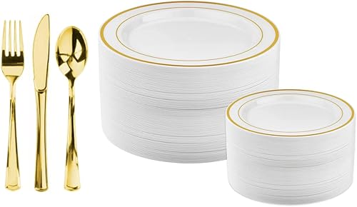 Juego de platos de plástico dorado y cubiertos de plástico dorados 50 platos de plástico dorado y 120 cubiertos