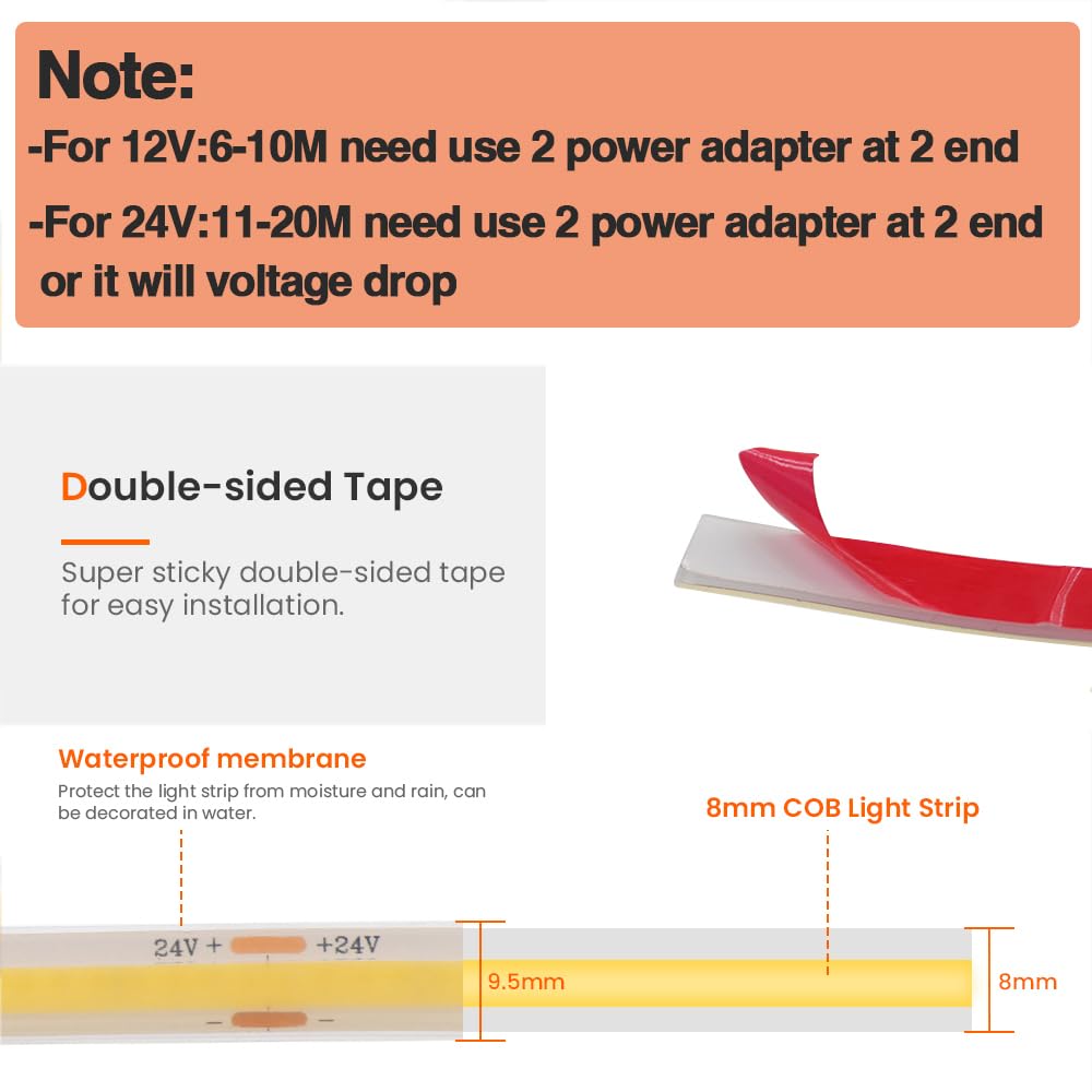 0,5-20 m DC12V/24V COB taśma LED | wodoodporność IP68, RA90, 320 diod LED/M, 3000 K-6000 K, oświetlenie ogrodowe do domu (DC 24 V, ciepła biel_15 m)