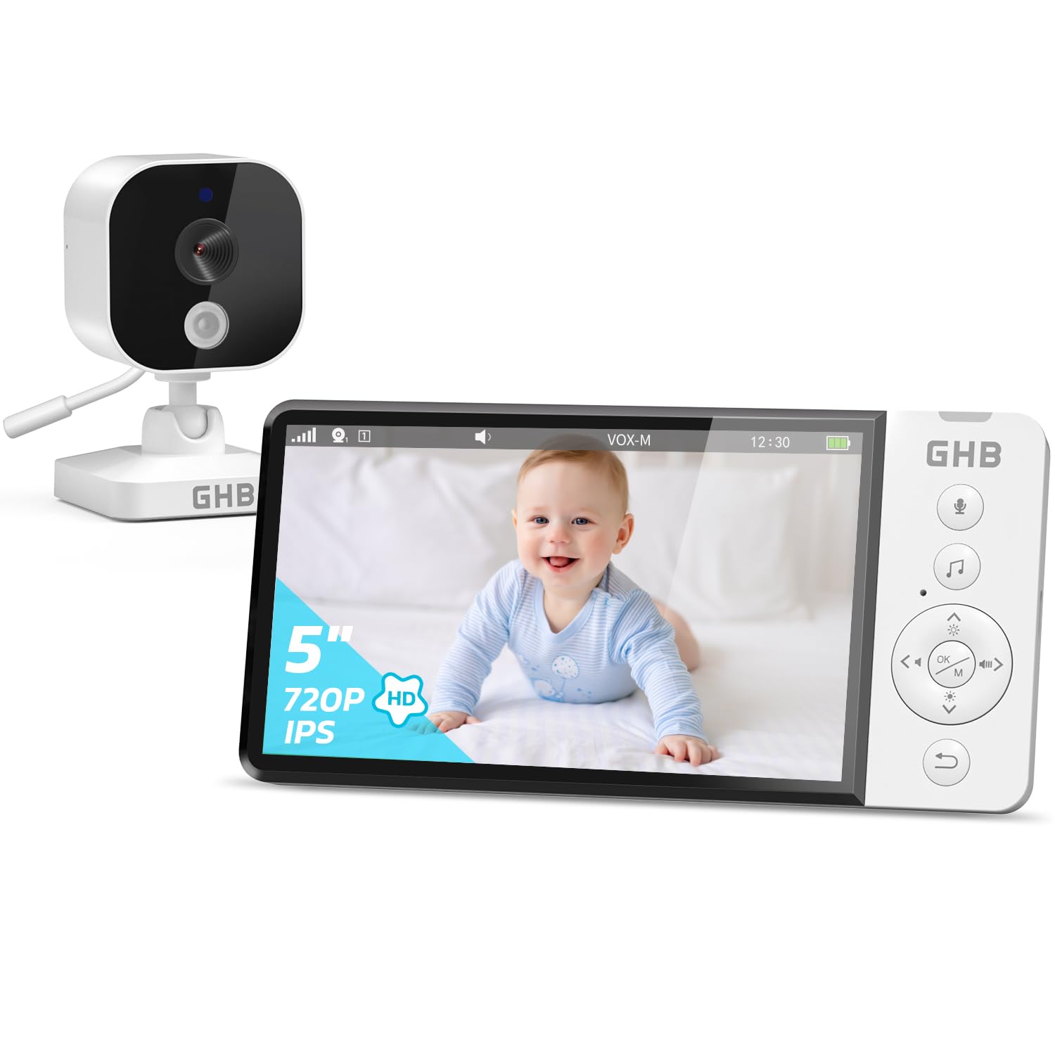 GHB Baby Monitor Video e Audio 5" Telecamera Neonato con Monitor IPS 5000mAh VOX, Visione Notturna, Rilevamento della Temperatura, Ninnananna