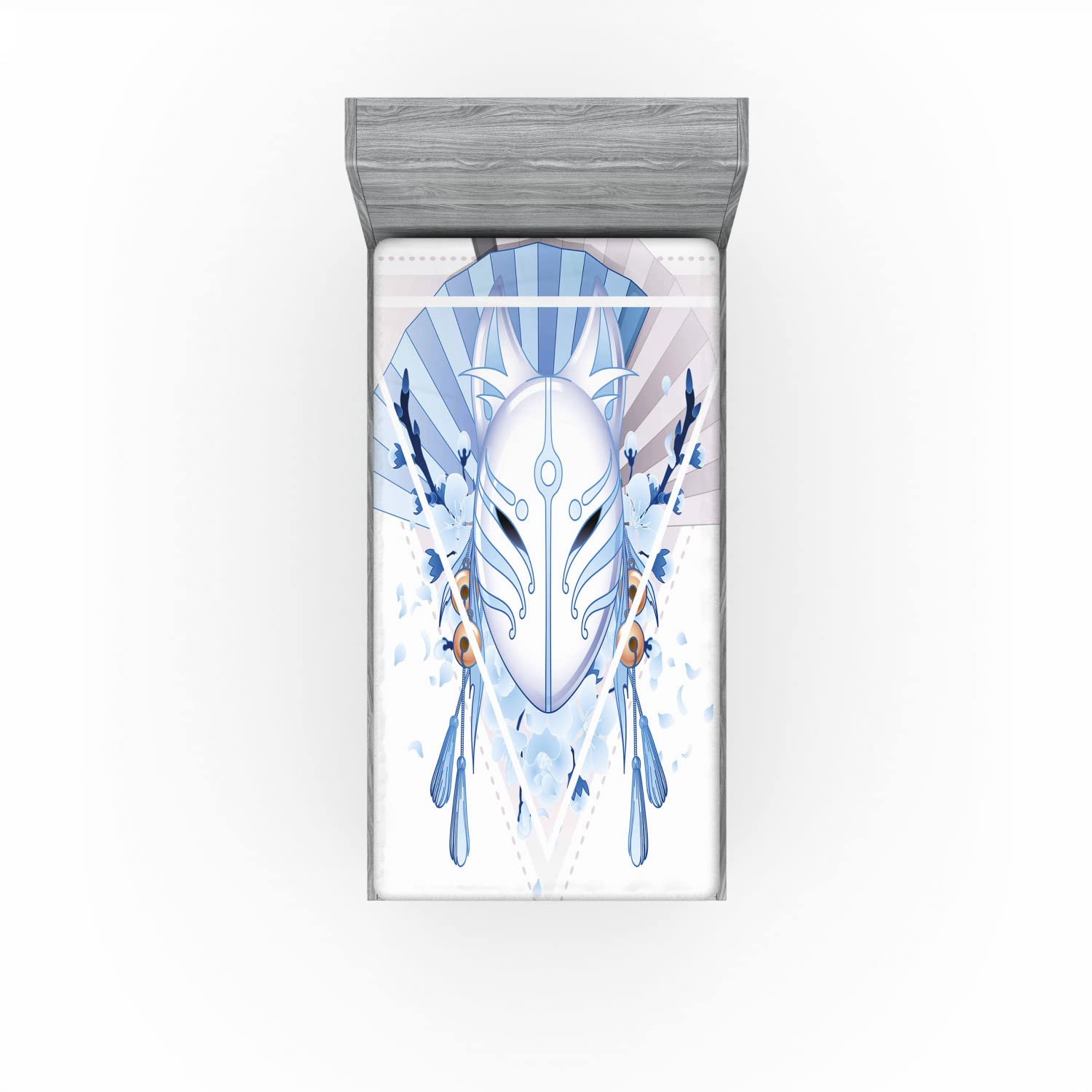 Ambesonne Kabuki 2 Pack Fitted Sheet, Fox Kitsune, Bed Cover All-Round Elastic Deep Pockets 2 Pieces, Package Contains 2 Twin Size Fitted Sheets, Cream Blue