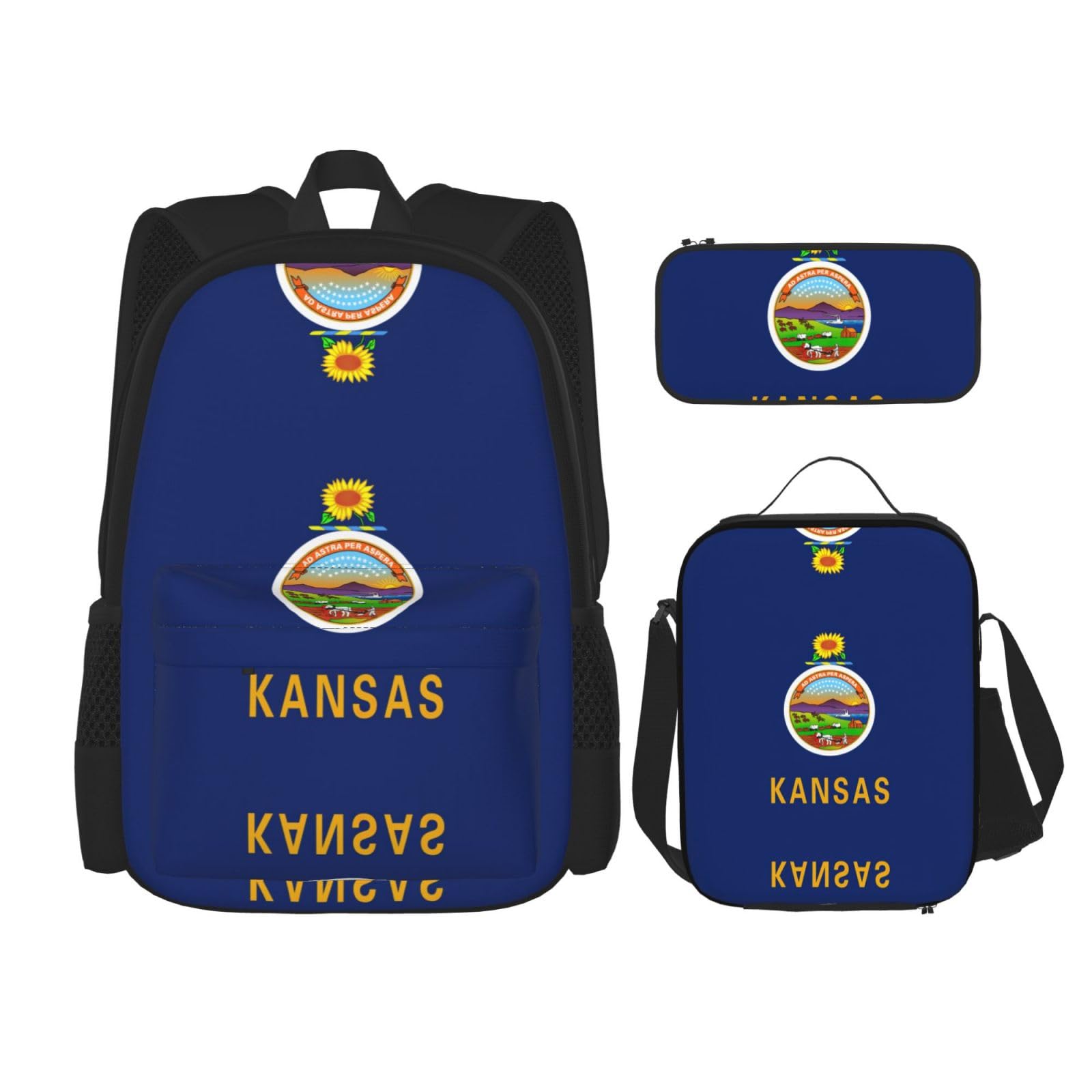 Flaga stanu Kansas plecak dziecko chłopcy dziewczęta pudełko na lunch szkoła torba zestaw uczniów szkół student prezent, Czarny, One Size, Bagaż