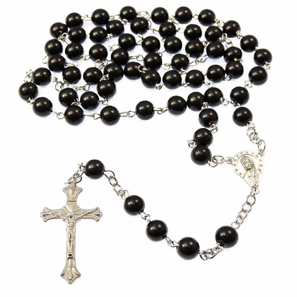 Glass Rosary Beads 8mm Black – Catholic Prayer Rosary with Silver Tone Crucifix and Centre Medal – Smooth Round Beads for Daily Devotion and Reflection