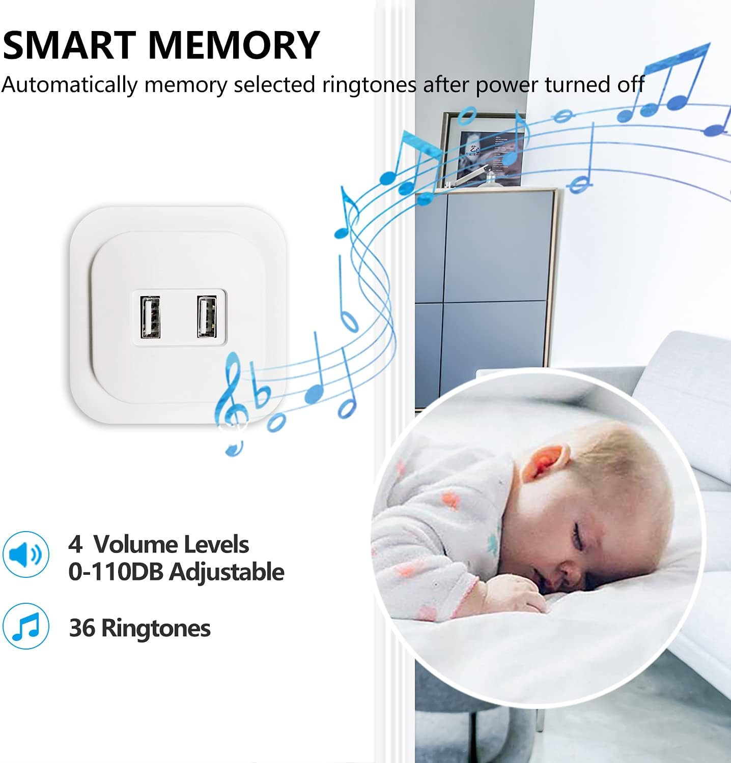 Wireless Doorbell Chimes Kit, for Home long range Waterproof DoorBells with Self Powered Push Button & 1 Plug in chimes with Extra 2 usb ports, 36 Chimes,4 Volume Levels & LED Flash - - 