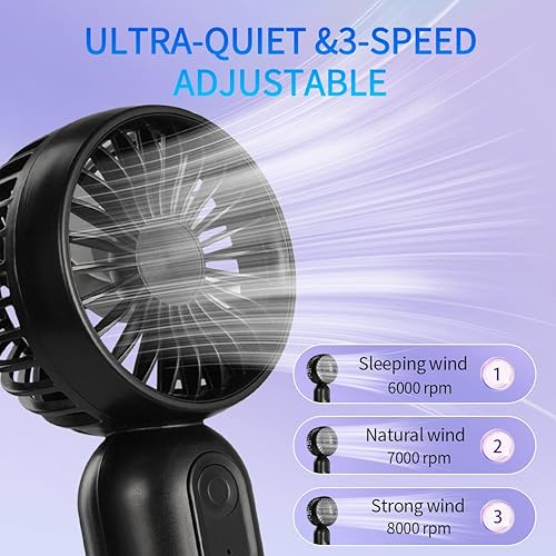 Miniatura 2 de VanSmaGo Mini ventilador portátil de mano pequeño con 3 velocidades para viajes, ventilador de pestañas recargable USB con pilas, negro y rosa