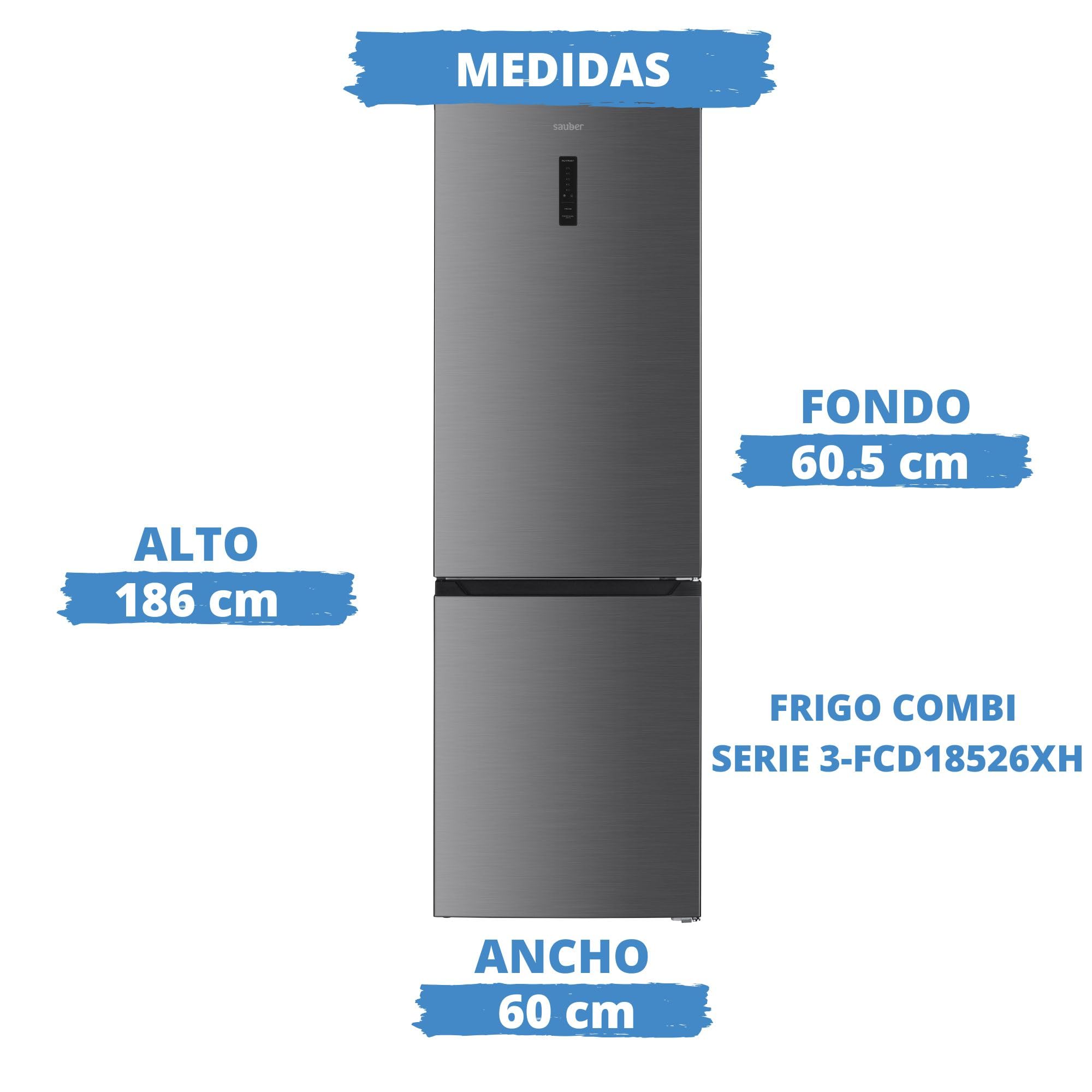 SAUBER, Frigorífico Combi Serie 3-FCD18526XH Tecnología TOTAL NOFROST, Luz LED, E, Puertas Reversibles, INOX, 293 L, 186 x 60cm, DISPLAY,ZeroClearance®, ENTREGA Y RETIRADA USADO DOMICILIO