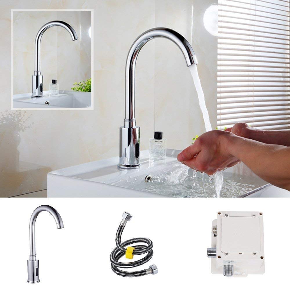 Grifo automático sin Contacto para Lavabo de Cocina y baño con Placa de Cubierta cromada, Grifo de baño con Caja de Control y Mezclador de Temperatura con desagüe emergente con rebosadero.