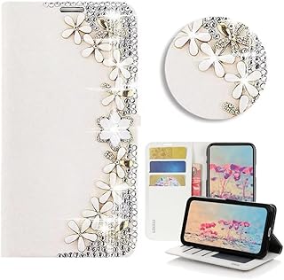 STENES Bling Wallet Phone Case Compatible with Samsung Galaxy A14 5G Case - Stylish - 3D Handmade Flowers Flowers Design Magnetic Wallet Stand Leather Cover Case - White