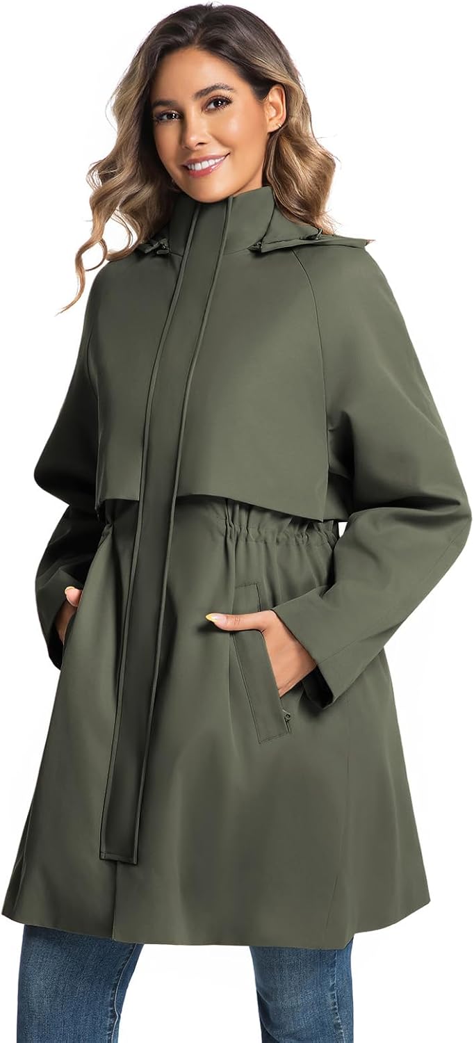 Trench Jackets for Women Lightweight Waterproof Detachable Hood Coat Windbreaker Long Sleeve Raincoats with Belt - Image 2