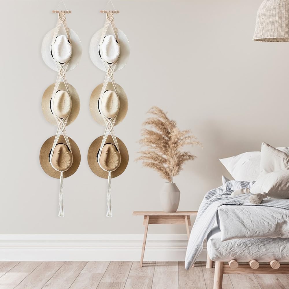 Paquete de 2 perchas para sombreros de macramé, soporte de cuerda de algodón para sombreros, soporte para gorras, perchas para puertas para sombreros de ala ancha, bufandas, bolsos, toallas