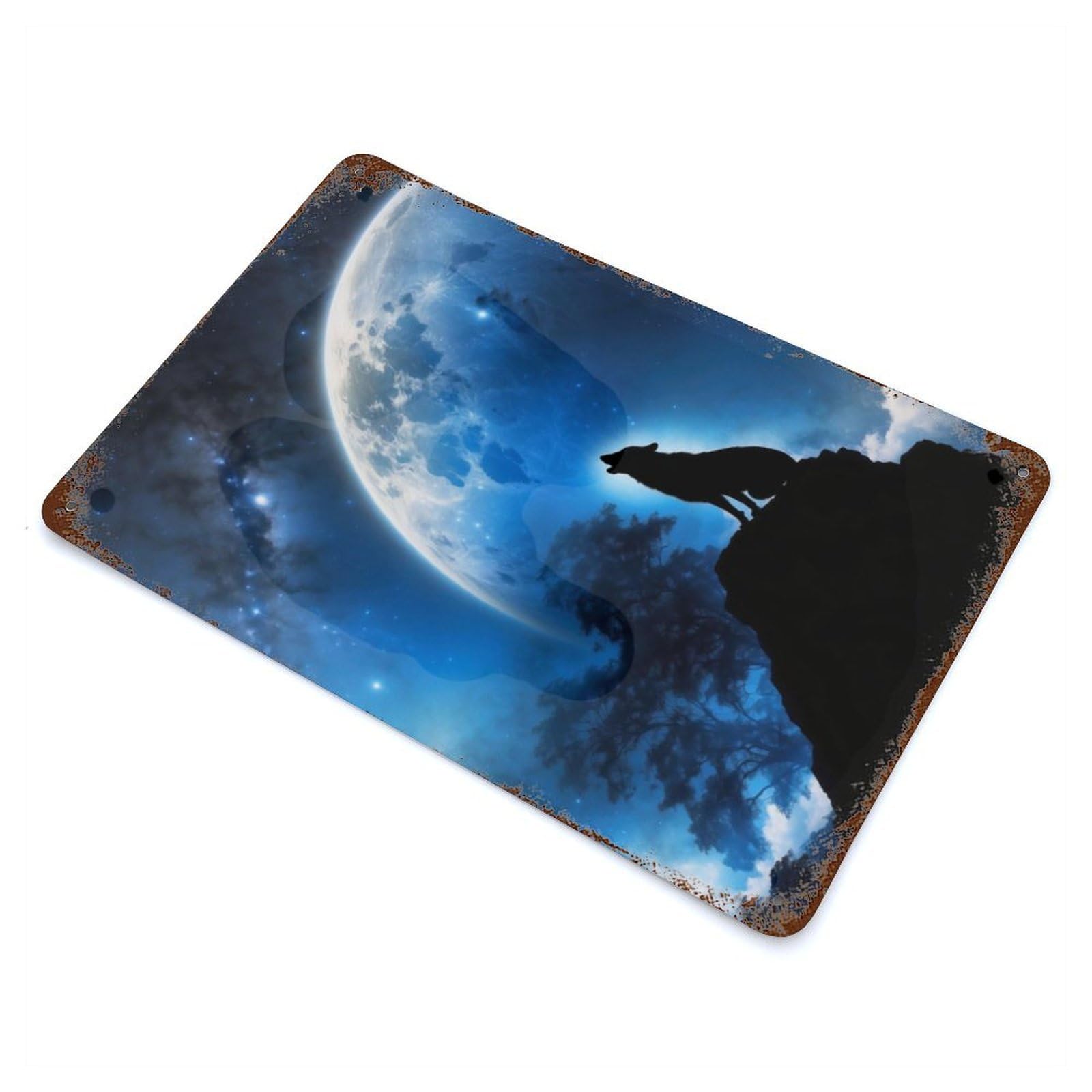 Garage Style Wolf Howling at Moon Vintage Rust Metal Sign 11.8"x7.9", Retro Wall Decor for Bar And Workshop
