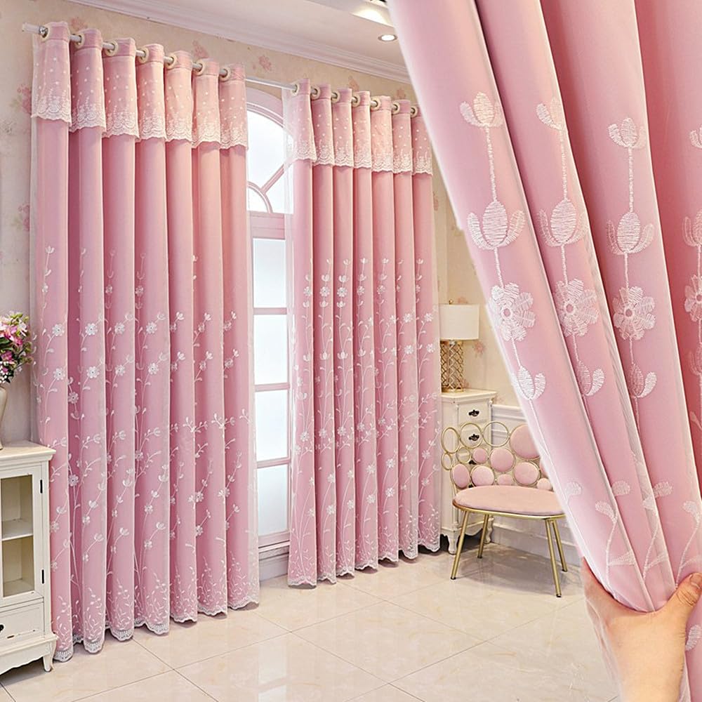 Amidoudou 1 Pair Double Layer Flower Curtains for Living Room Pastoral Style Flower and Branch Embroidered Curtains for Bedroom (Pink,66 x 90 Inch)