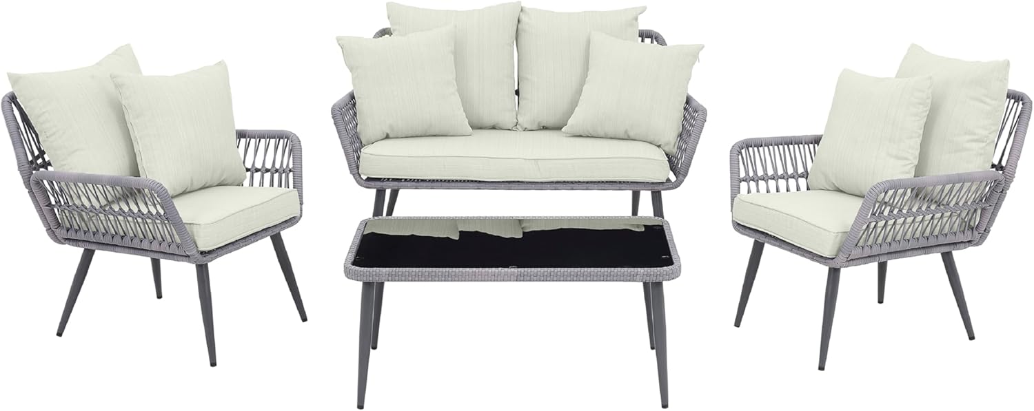 Manhattan Comfort Portofino 4-Piece Patio Conversation Set, Rope Wicker Design with Waterproof Cushions | Outdoor Furniture Includes 2 Armchairs, Loveseat & Coffee Table with Tempered Glass Top, Cream