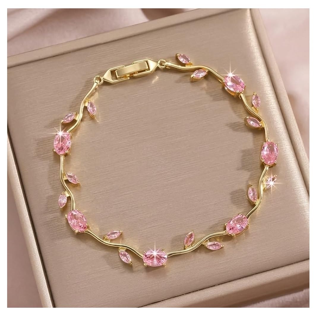 Pink Color Anti Tarnish Sparkle Stone Crystal Diamond Nug Fairy Bloom Floral/Flower Design Stainless Steel Tulip Chain Link Wrist Charm Bracelet For Women's And Girls-image-20
