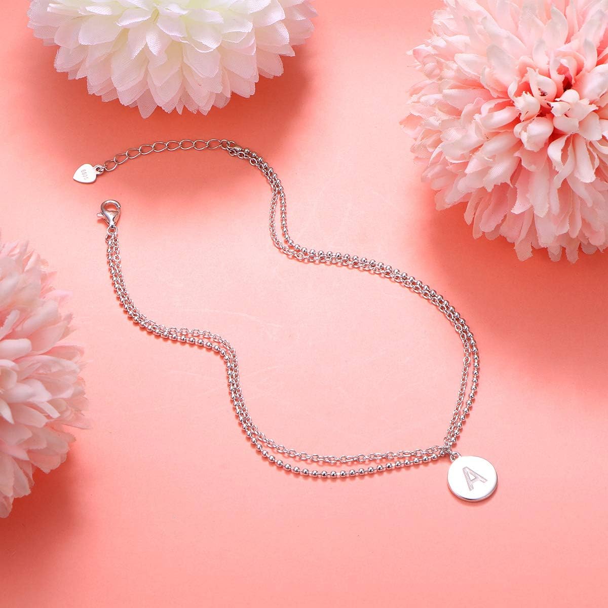 FLYOW Disc Initials Anklet for Women S925 Sterling Silver Adjustable Foot Ankle Bracelet with Letter