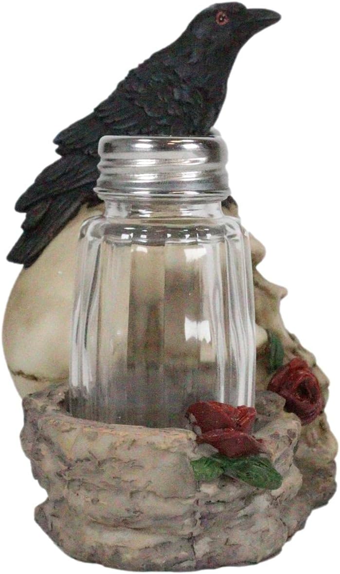 Ebros Day Of The Dead Raven Crow With Rose Skull Salt And Pepper Shakers Holder Figurine Set 6.25"L Halloween Graveyard Spooky Macabre Skulls Skeletons