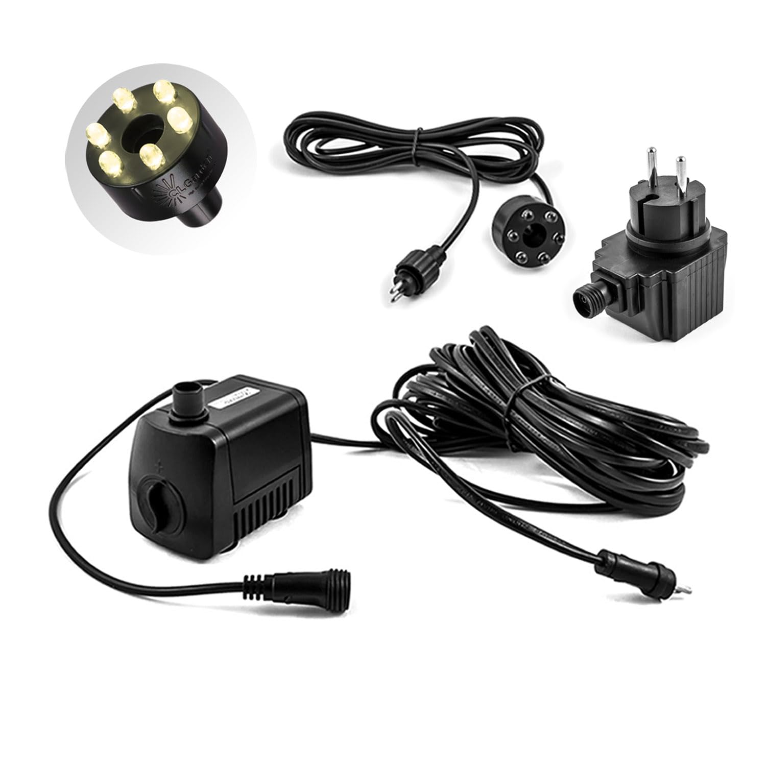 CLGarden Springbrunnenpumpe SP1 mit LED Beleuchtung warm weiß LED Ring 12V für Gartenbrunnen Springbrunnen