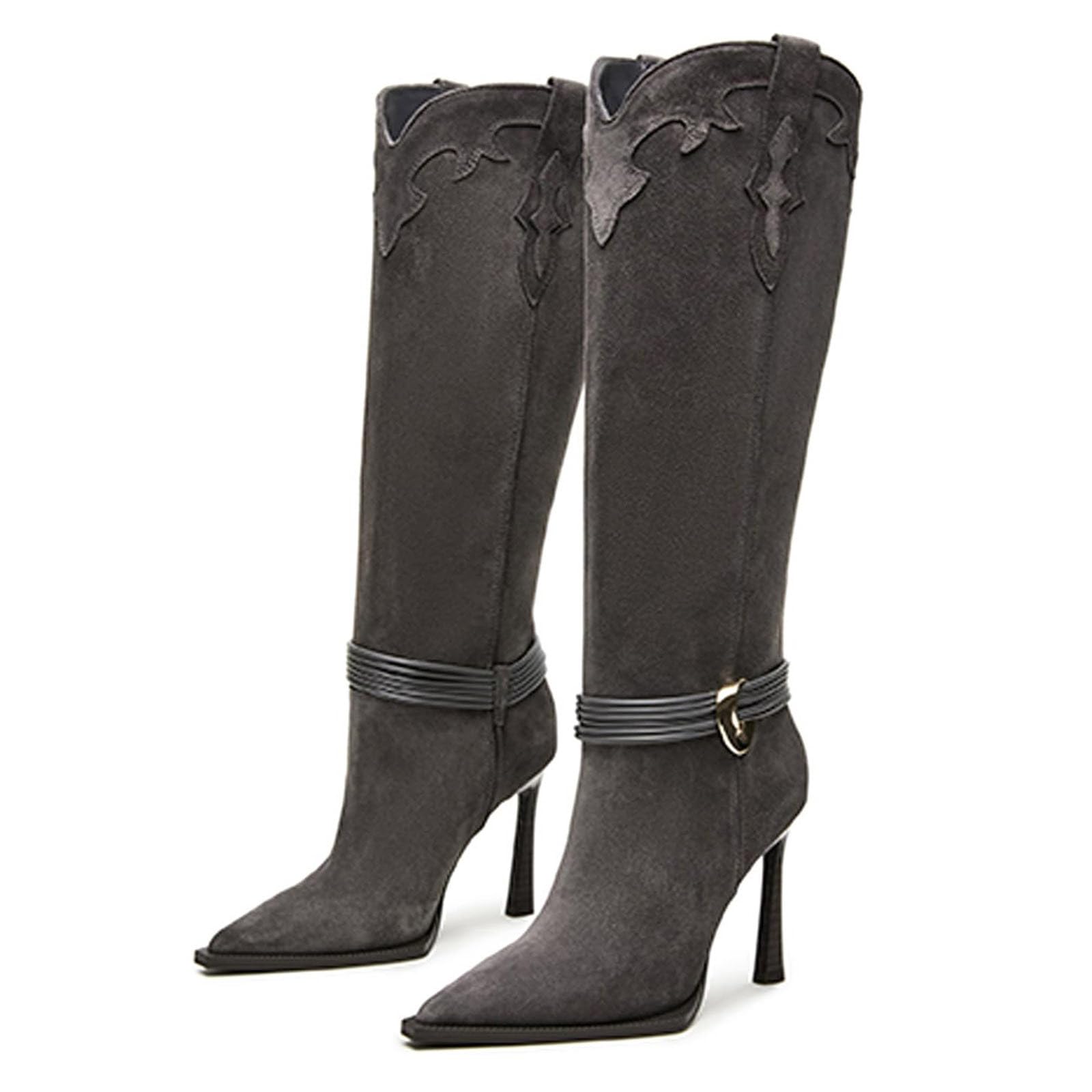 MICIFA Womens Suede Knee High Boots 4 inch Stiletto Heel Pointed-toe Boots Pull On Sexy Western Dress Fall