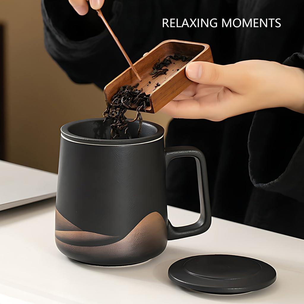 Générique Tasse à Thé avec Couvercle Et Filtre, en Céramique pour Infuser Le Thé en Vrac, Dune Capacité De 360 ​​ML, émail Noir Mat Fait Main, Idéale pour Offrir (White)