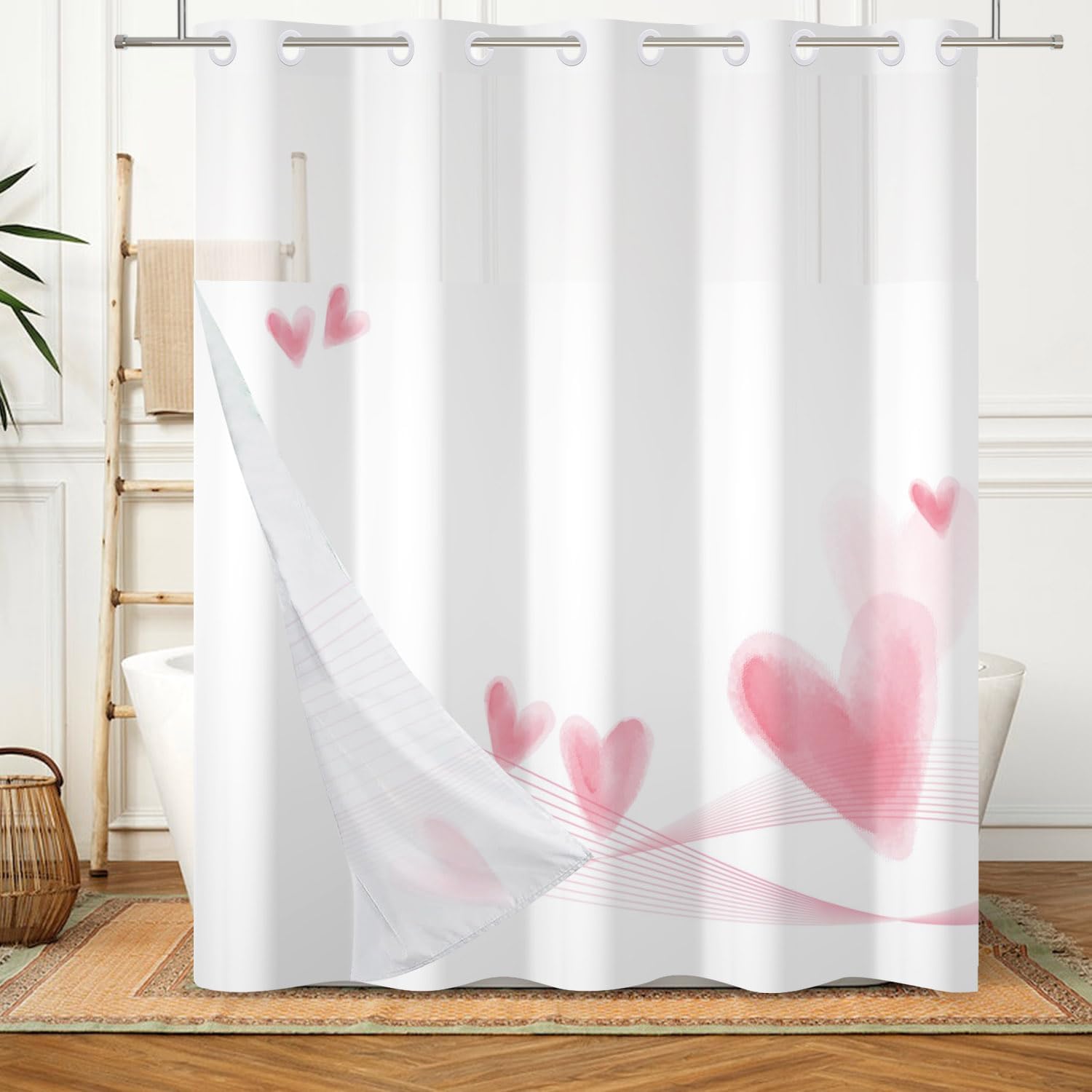 No Hook Shower Curtain with Snap in Fabric Liner Set for Bathroom Pink Love Heart Shaped Modern Hotel Shower Curtains Double Layers Fabric Washable 71x74 Inch