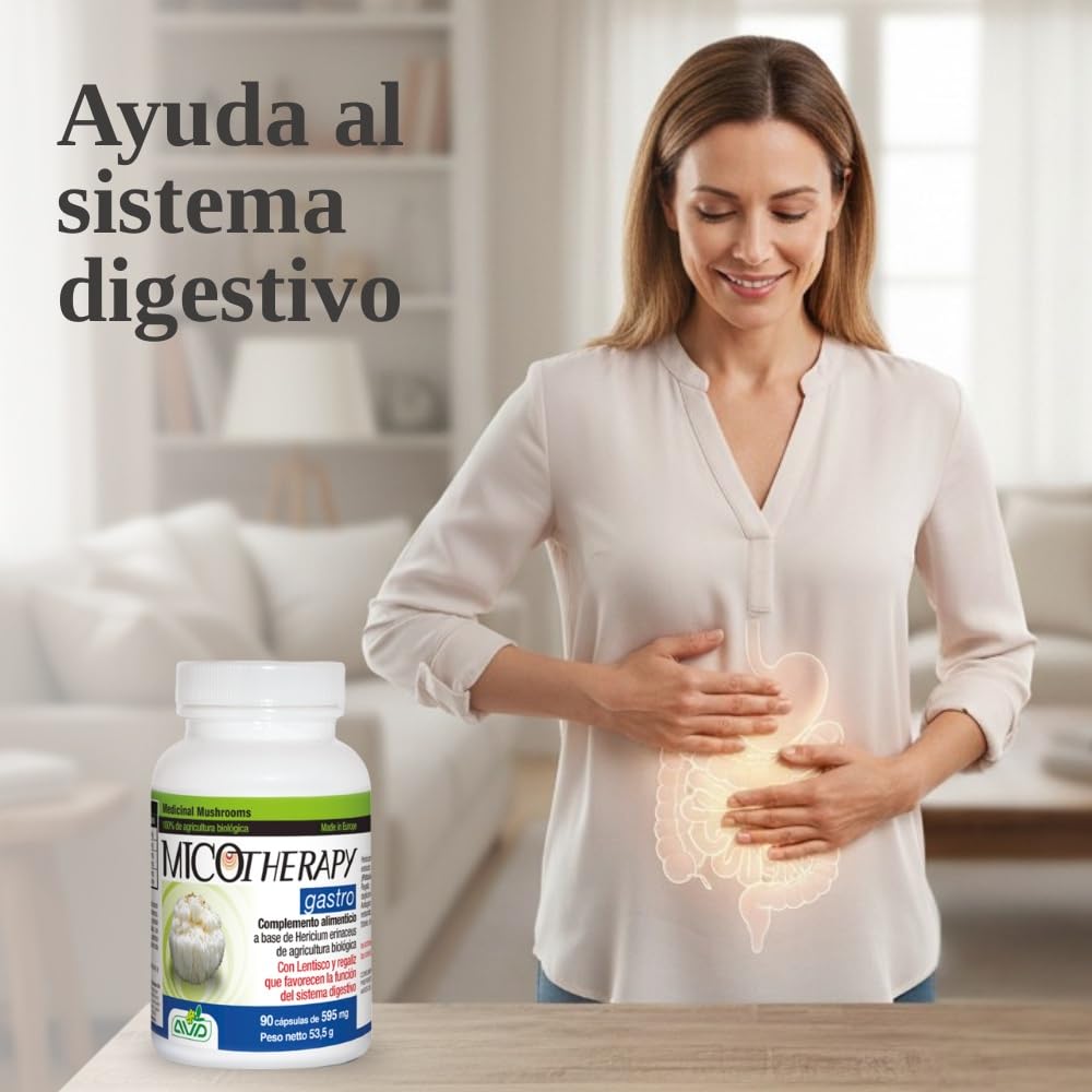 MICOTHERAPY Gastro Melena de León 90 Cápsulas de 595mg para la Salud Gastrointestinal sin Glúten. Extracto de Lions Mane (Hericium Erinaceus) para la Acidez, Reflujo, Úlcera, Inflamación y Digestión