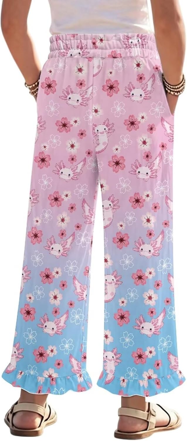 Girls' High Waisted Wide Leg Pants with Ruffles Loose & Flowy Trousers Paper Bag Pants Size 5-14