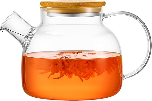 Miniatura 7 de PARACITY Tetera de vidrio para estufa de 600 ml/20 oz, hervidor de té transparente de borosilicato con tapa de bambú, tetera de vidrio con pico
