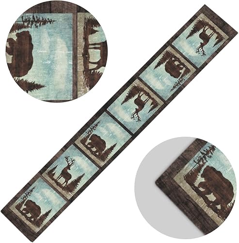 Miniatura 3 de Camino de mesa vintage de oso y ciervos de 13 x 70 pulgadas, estilo retro de animales del bosque occidental, estilo de vida silvestre, alce, alce,