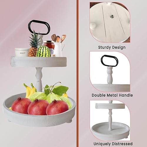 Miniatura 6 de Hermosa bandeja decorativa de madera blanca envejecida de dos niveles, soporte de bandeja escalonada, bandeja de dos niveles, bandeja de madera de 2