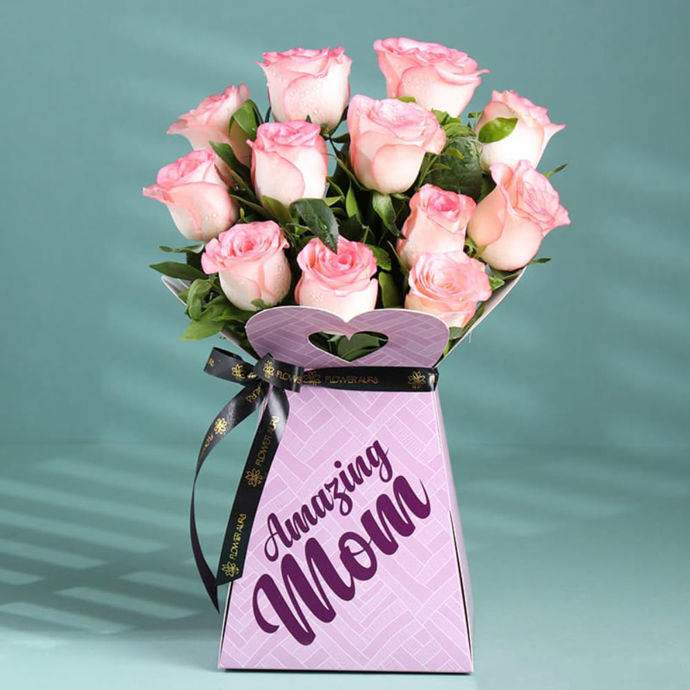 FlowerAura Premium Fresh Live Flower Bouquet of 12 Silky Pink RosesIn Amazing Mom BoxBirthday & Mothers Day Gift For Mom | Mother | Maa | Mother-In-Law (Same Day Delivery)-image-48