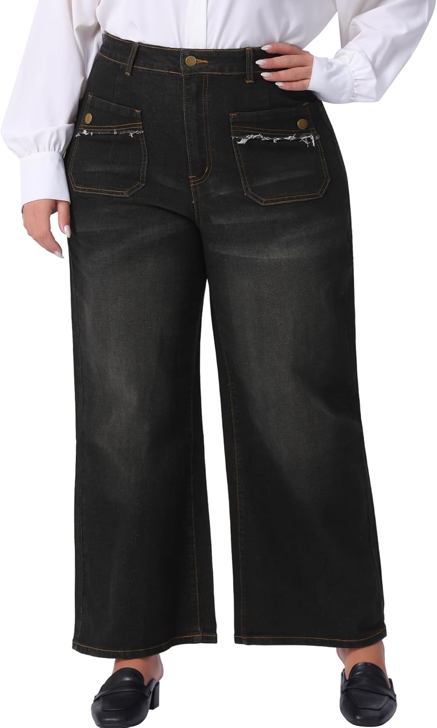 Agnes Orinda Plus Size Jeans for Women Wide Leg Washed Stretch with Pockets Palazzo Denim Jeans