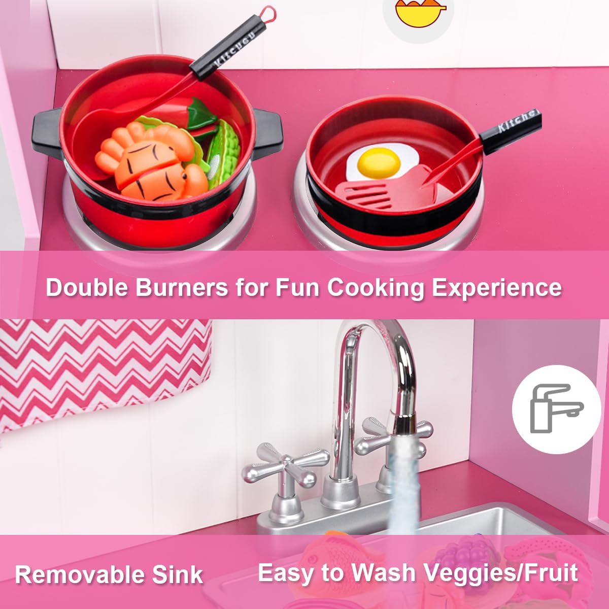 HOMASIS Kinderküche mit Spielzubehör, Kinder Spielküche mit Licht & Sound, Spielzeugküche mit Uhr Spüle Herd Backofen Mikrowelle, Holzküche Küchenspielset für Kinder ab 3 Jahre, Rosa, 82x30x100,5 cm