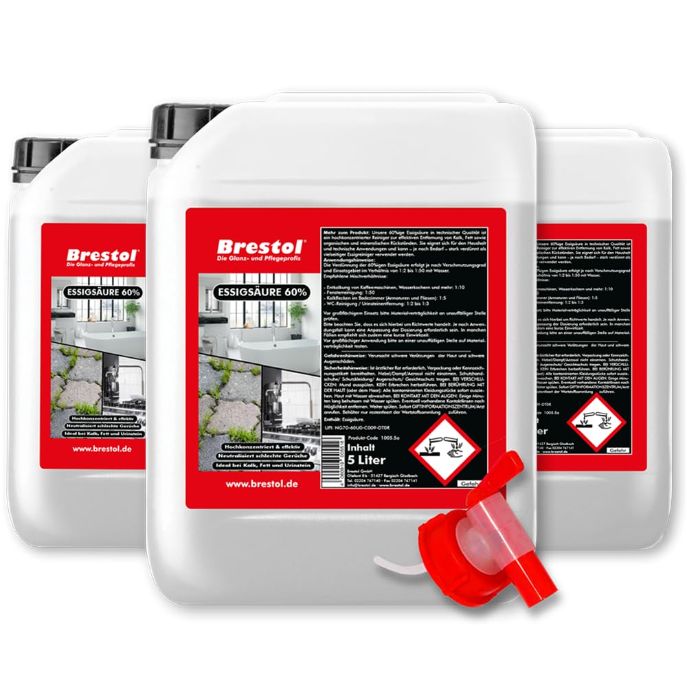 BRESTOL® Essigsäure 60 % – Hochkonzentriert für Industrie & Haushalt – Effektiver Reiniger gegen Kalk, Rost, Fett & Gerüche – Ideal für Küche, Bad, Werkstatt, Gastronomie & Maschinen – 15 L Kanister
