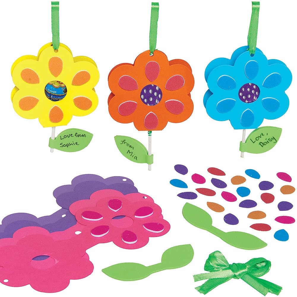 Baker Ross FN686 Flower Lollipop Holder Decoration Kits - Pack of 10, Foam Craft Kits for Fun Gift Making