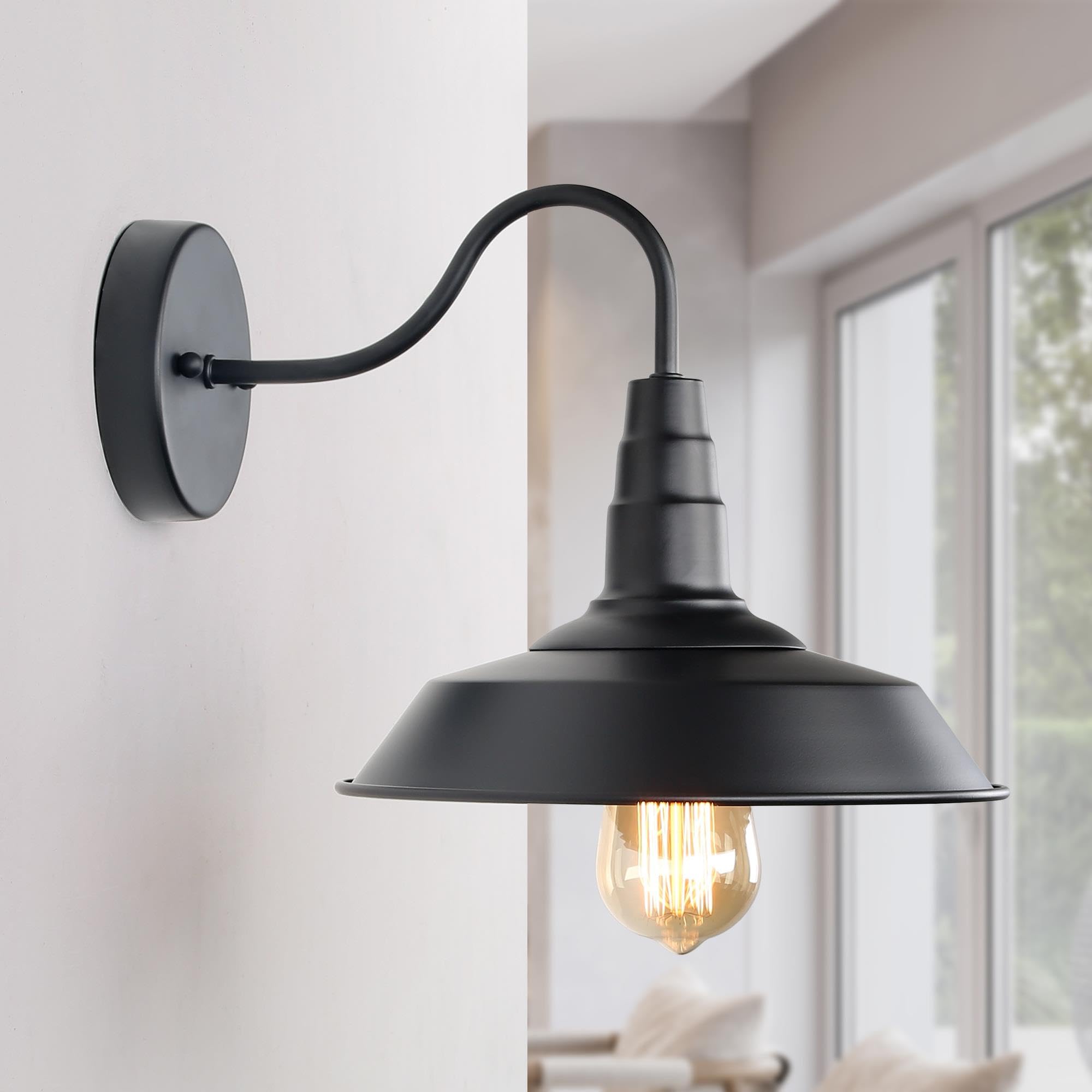 LALUZ Farmhouse Black Wall Sconces, Modern Industrial Barn Gooseneck Wall Mount Light Fixture Lighting for Bedroom, Kitchen, Living Room, Bathroom, and Hallway